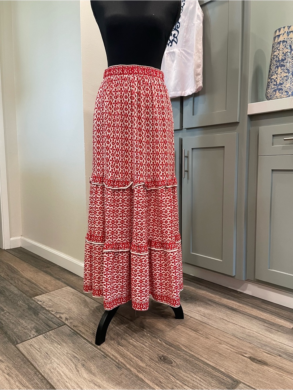Max Studio Red Printed Tiered Maxi Skirt
